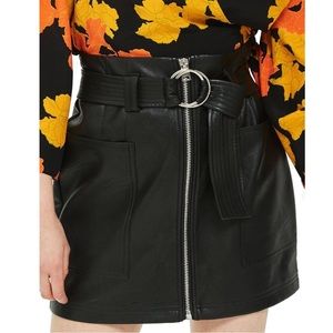 Topshop Faux Leather Zipper Front Belted A Line Preppy Mini Skirt Black Silver